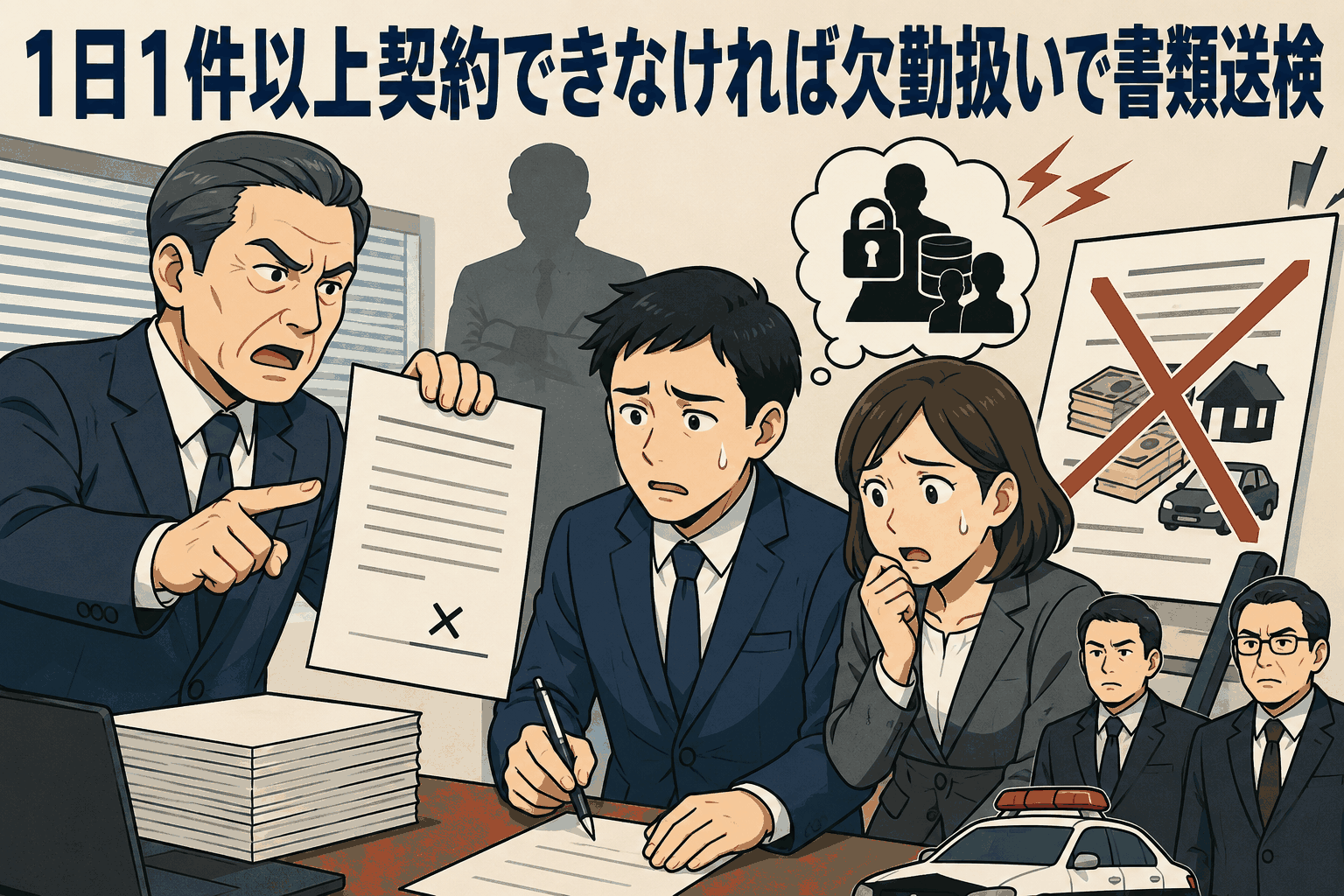 1日1件以上契約できなければ欠勤扱いとする書面に署名させた会社が、労基法第16条違反の疑いで書類送検された事例を示すアイキャッチ画像
