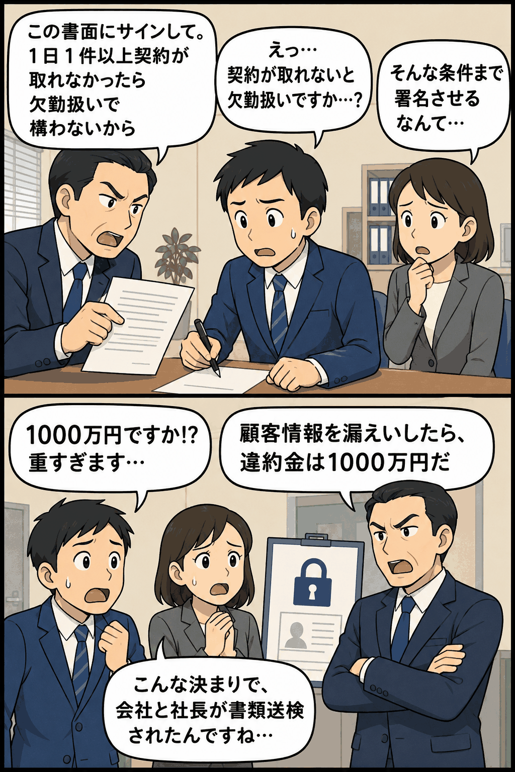 営業で1日1件以上契約できなければ欠勤扱い、顧客情報漏えい時は違約金1000万円とする書面への署名を求める会社の問題を描いた労基法第16条解説漫画