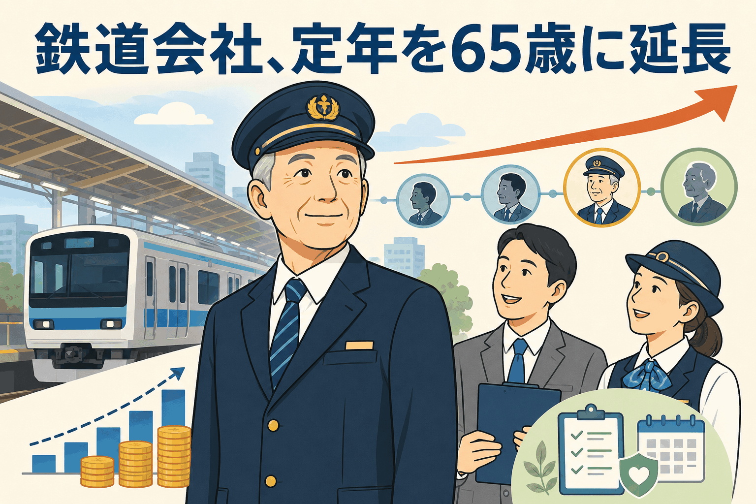 鉄道会社が正社員の定年を60歳から65歳へ段階的に延長する方針を示すイラスト