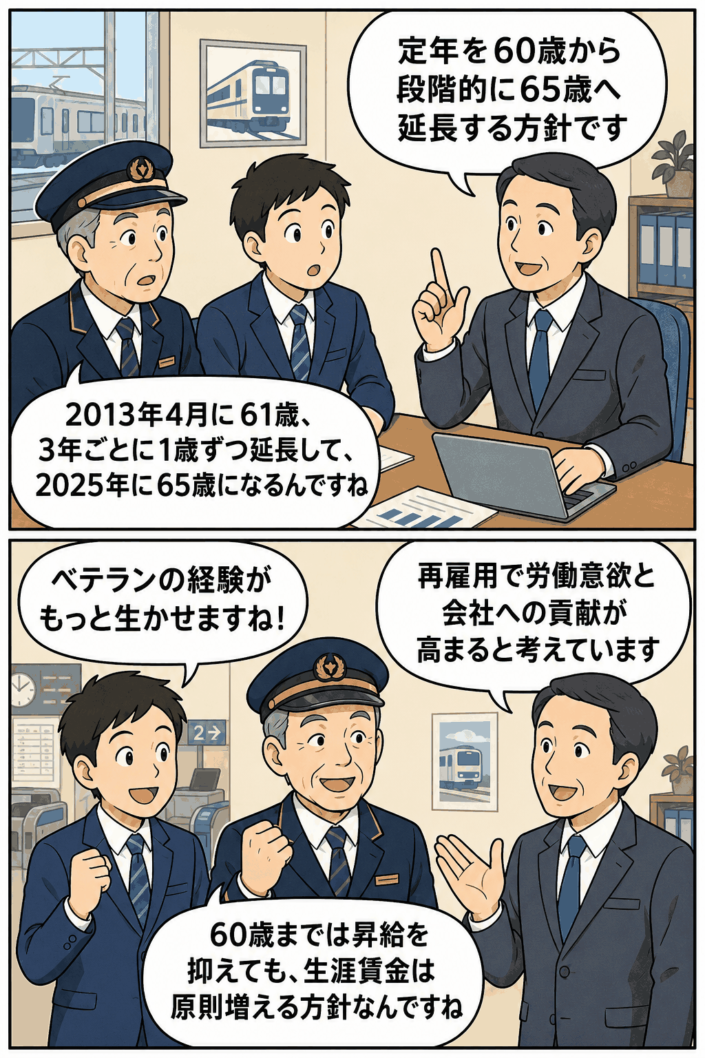 鉄道会社が正社員の定年を60歳から65歳へ段階的に延長し、再雇用や賃金方針について説明する漫画イラスト