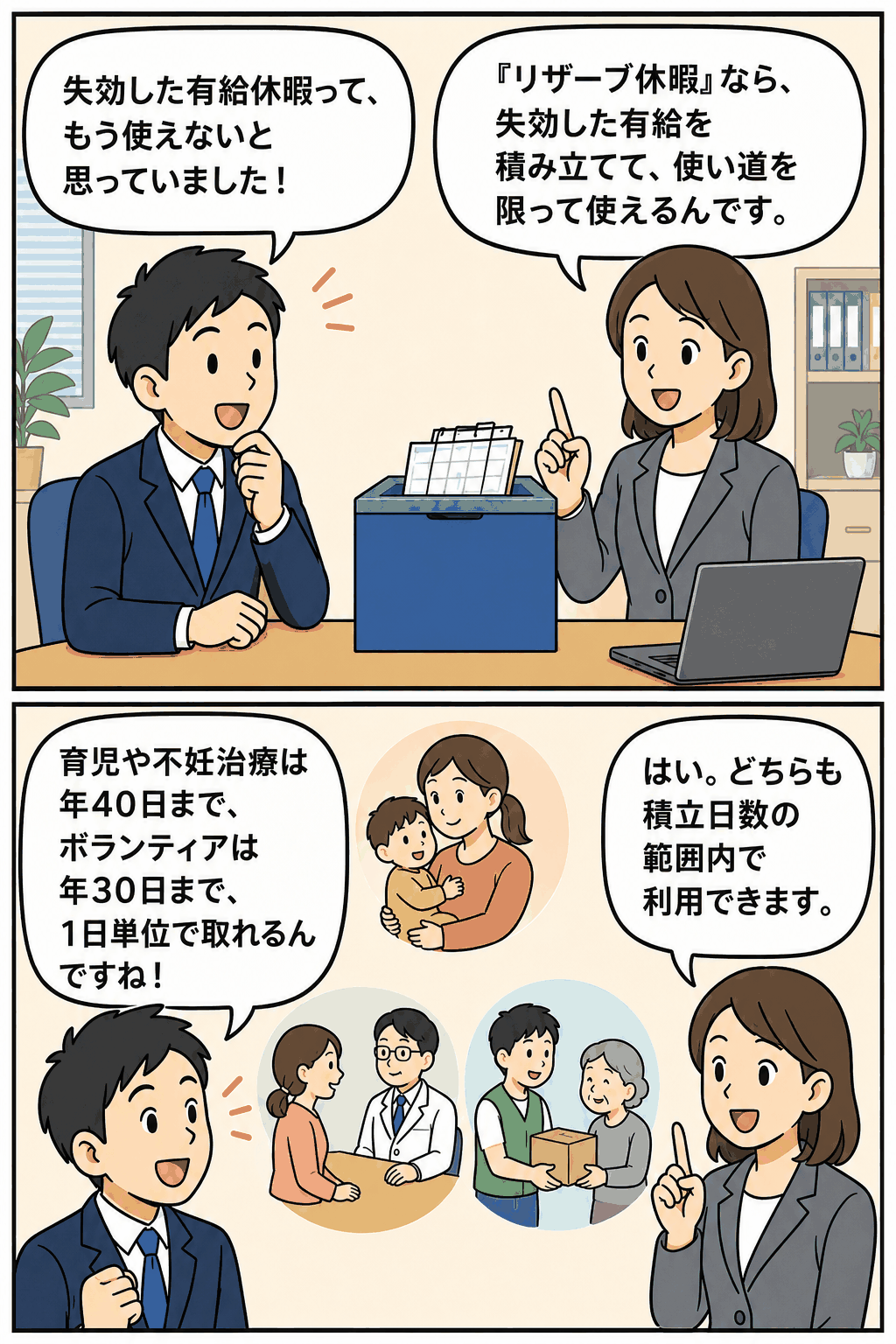 失効した有給休暇を積み立てて、育児・不妊治療・ボランティアに使えるリザーブ休暇制度を説明する漫画イラスト
