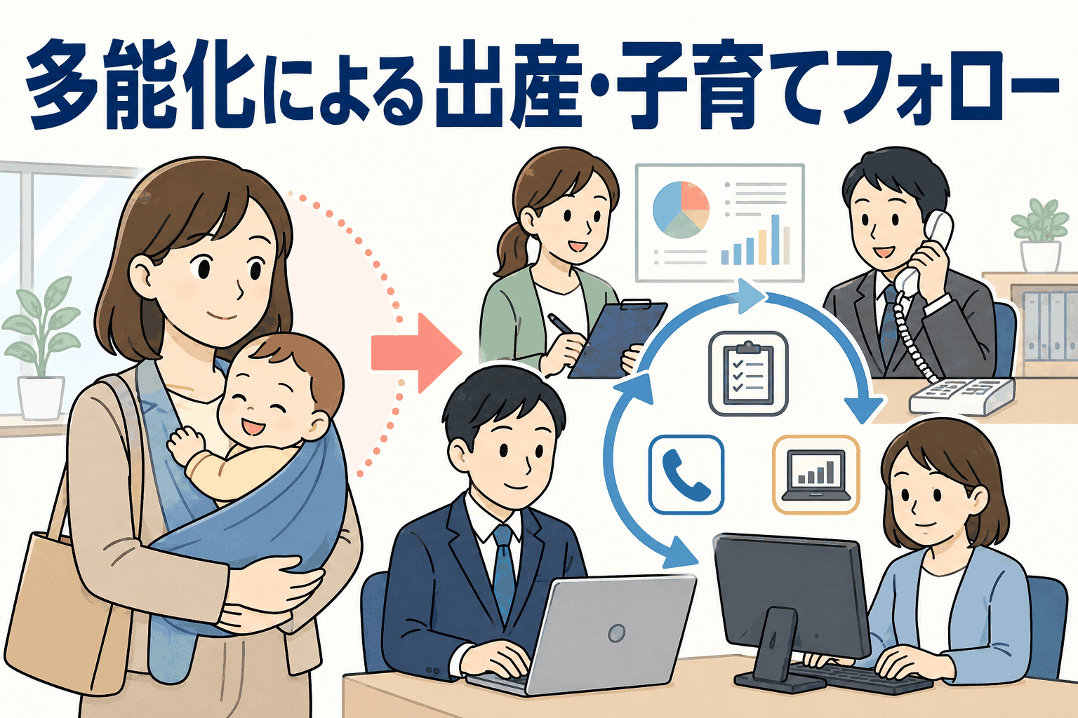 多能化による出産・子育てフォローを説明するイラスト。母親と赤ちゃん、事務スタッフ、電話対応、入力業務、企画業務を共有する職場体制を表現。