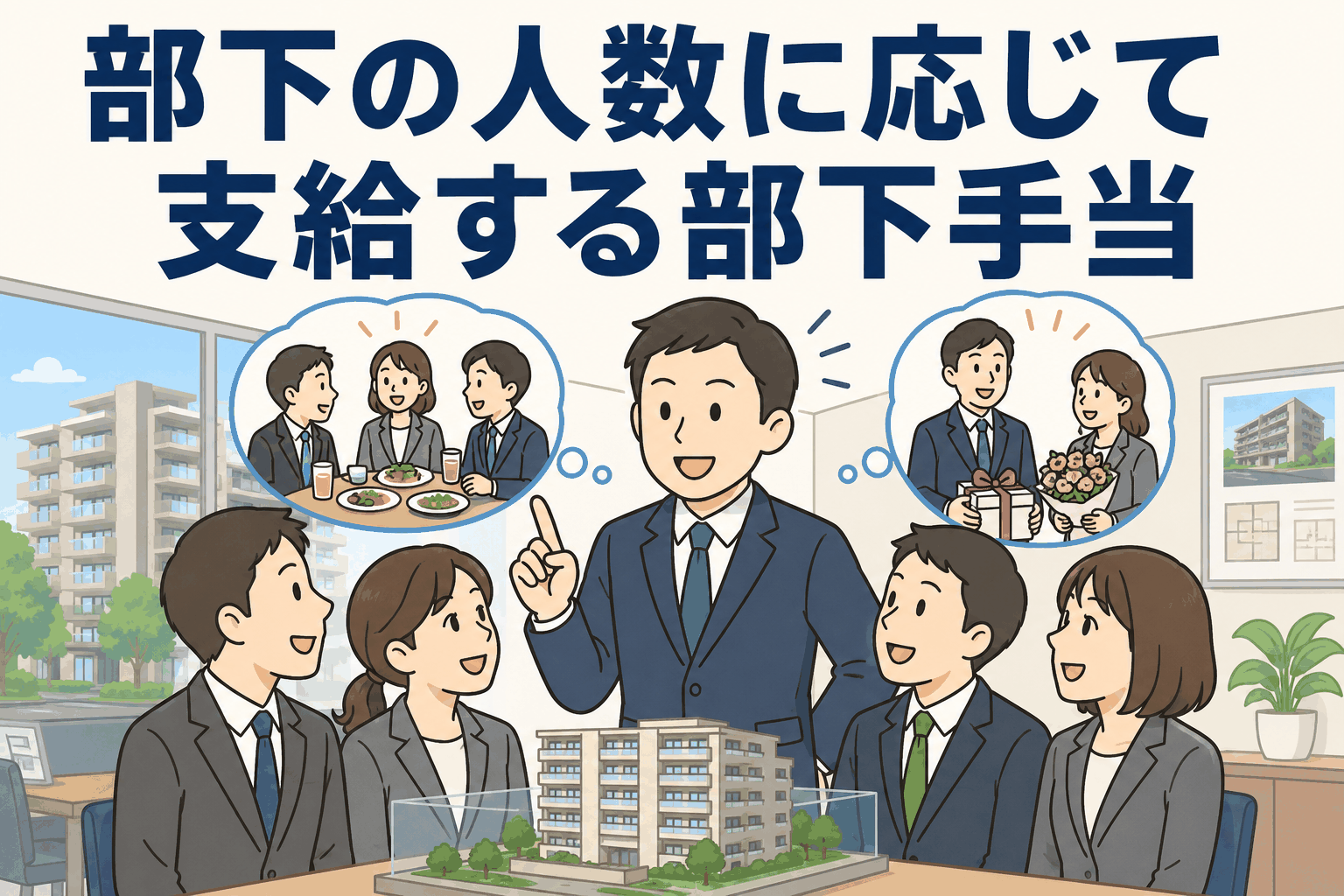 新築分譲マンション販売会社の管理職が、部下の人数に応じて支給される部下手当について説明しているイラスト