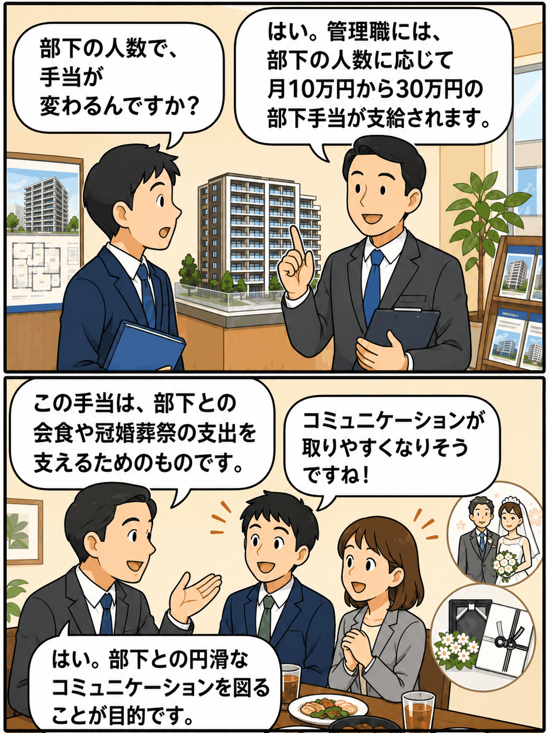 新築分譲マンション販売会社で、管理職に支給される部下手当の金額や目的を会話形式で説明する漫画イラスト