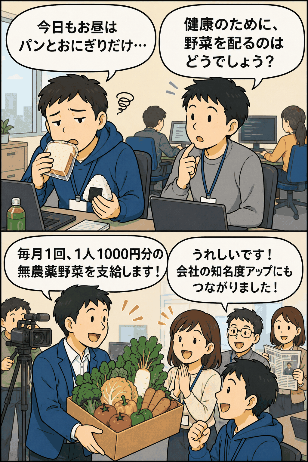 昼食をパンやおにぎりで済ませるエンジニアに、健康支援として毎月1000円分の無農薬野菜を支給する会社の制度