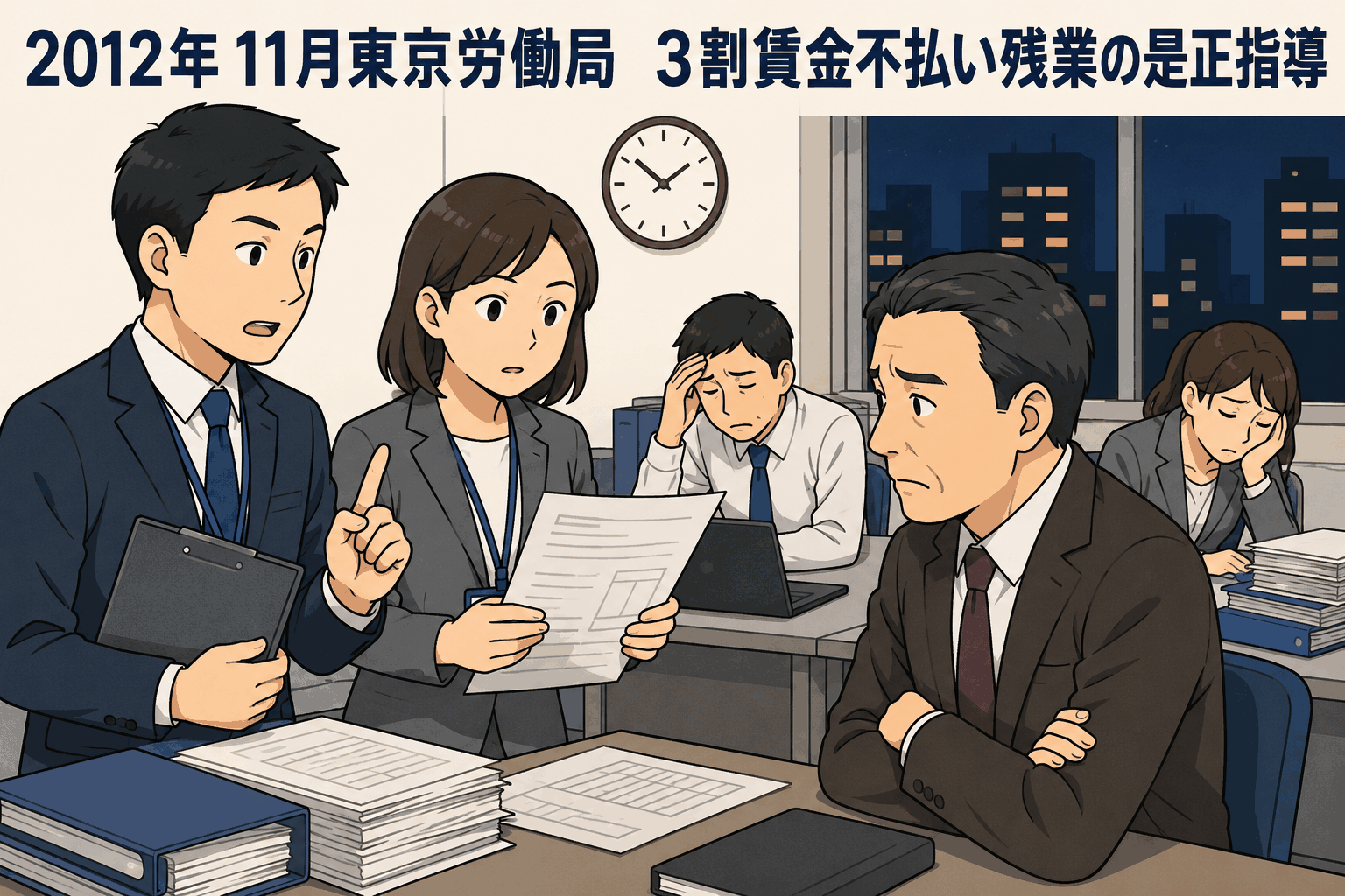 2012年11月に東京労働局が実施した臨検監督で、3割の事業場に賃金不払い残業が発覚し是正指導を受ける様子を描いたイラスト