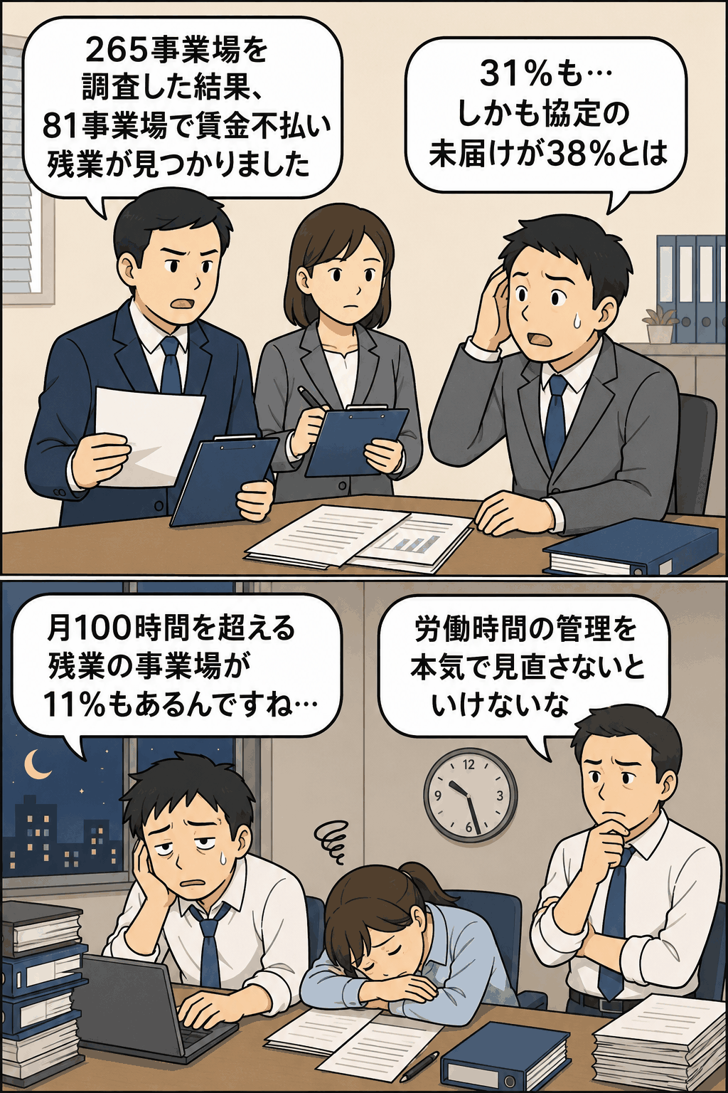 東京労働局の臨検監督結果として、265事業場中81事業場で賃金不払い残業が発覚し、労使協定未届けや月100時間超の残業実態が示される漫画風イラスト