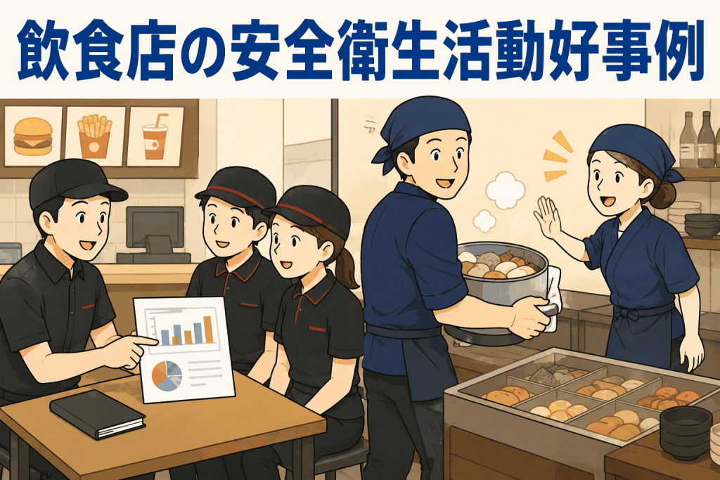 飲食店スタッフが安全衛生活動の事例を共有し、労災防止策や声かけを実践する様子
