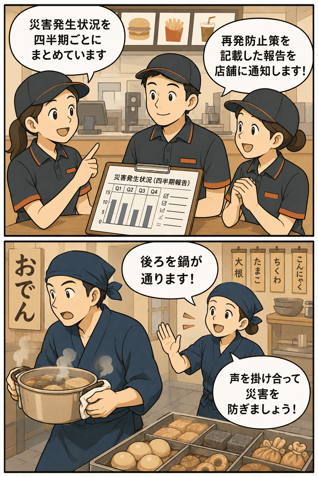 飲食店スタッフが災害発生状況の四半期報告と再発防止策を共有し、おでん店で鍋の通行を声かけして労災を防ぐ安全衛生活動の事例
