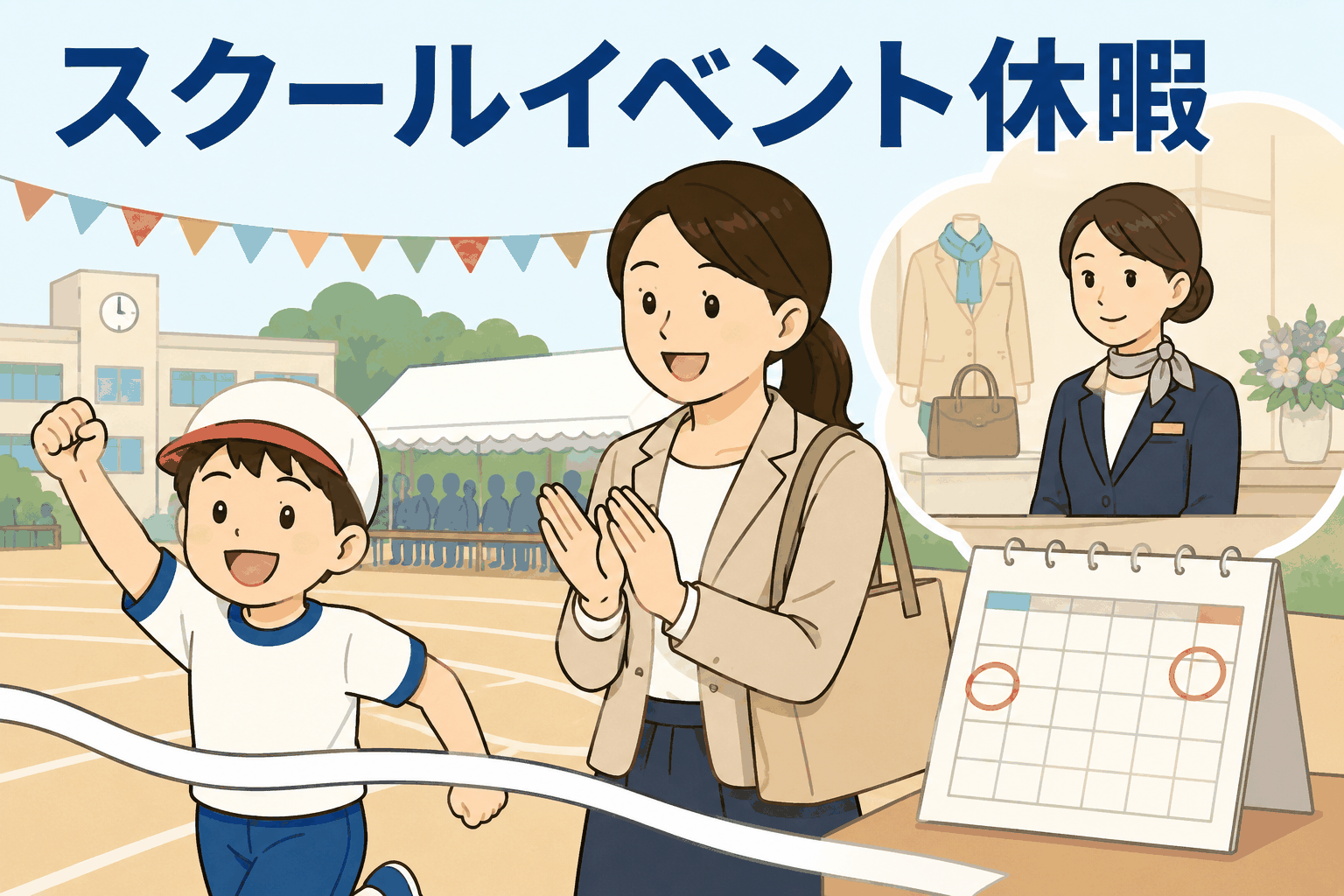 スクールイベント休暇制度を表すイラスト。運動会でゴールする子供を応援する母親と、百貨店勤務者のシフト調整や休暇取得を示すカレンダー。
