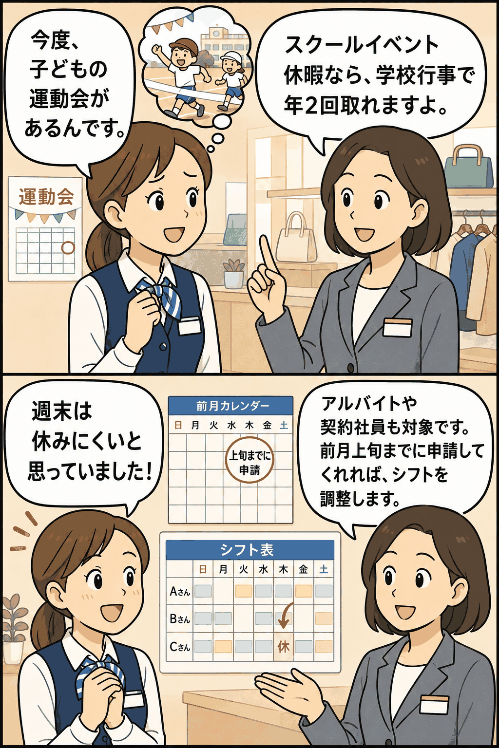 スクールイベント休暇制度を説明する漫画。百貨店スタッフが、子どもの運動会など学校行事で年2回休暇を取得できることや、前月上旬までの申請、シフト調整について案内している。