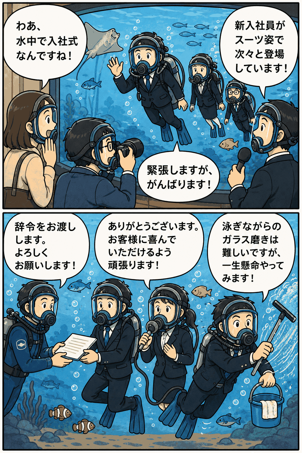 水族館の水槽内でスーツ姿の新入社員が登場し、辞令交付や水中マイクでの抱負発表、ガラス磨きに挑戦する水中入社式の漫画イラスト
