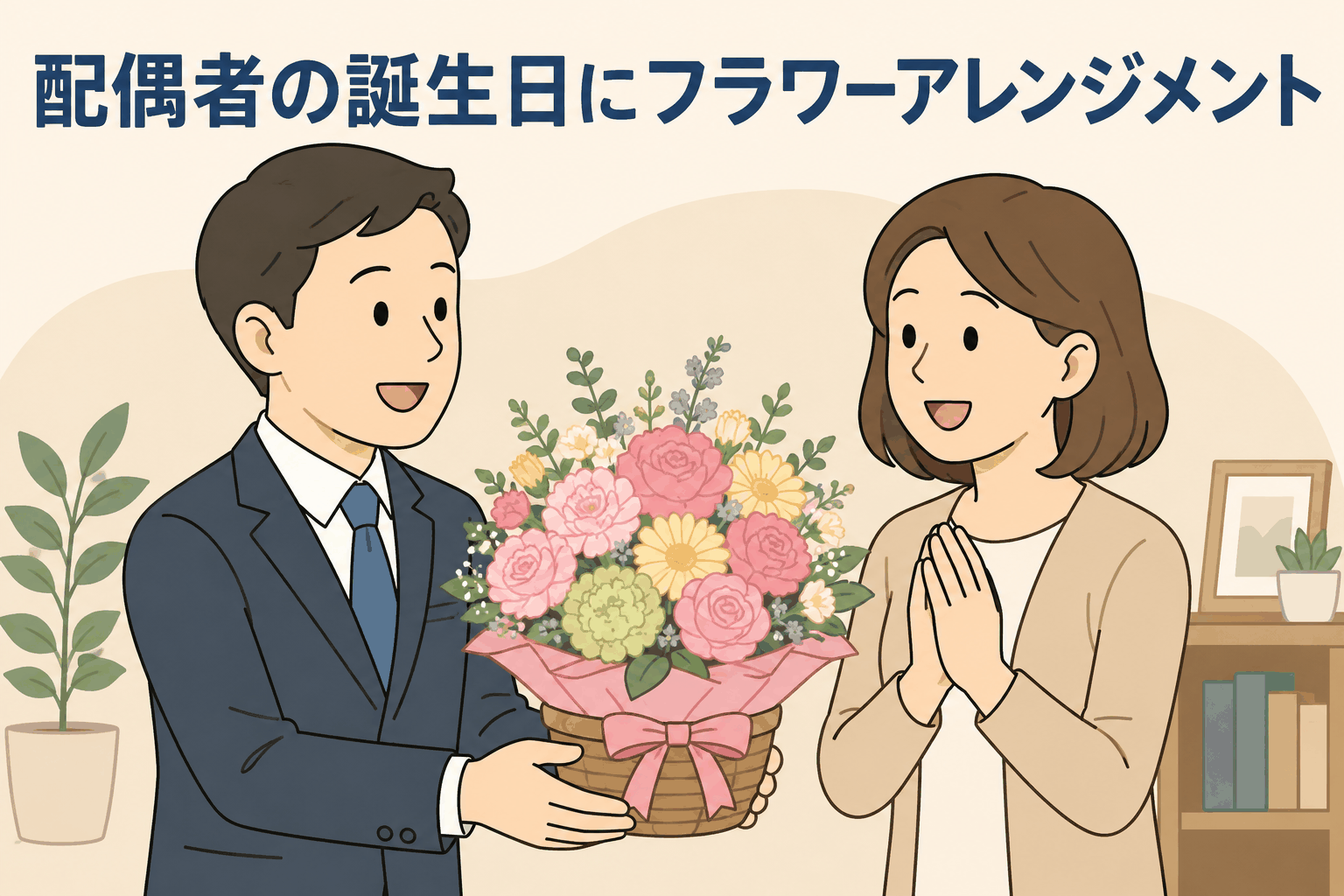 配偶者の誕生日に社員が感謝を込めて季節のフラワーアレンジメントを贈る福利厚生のイラスト