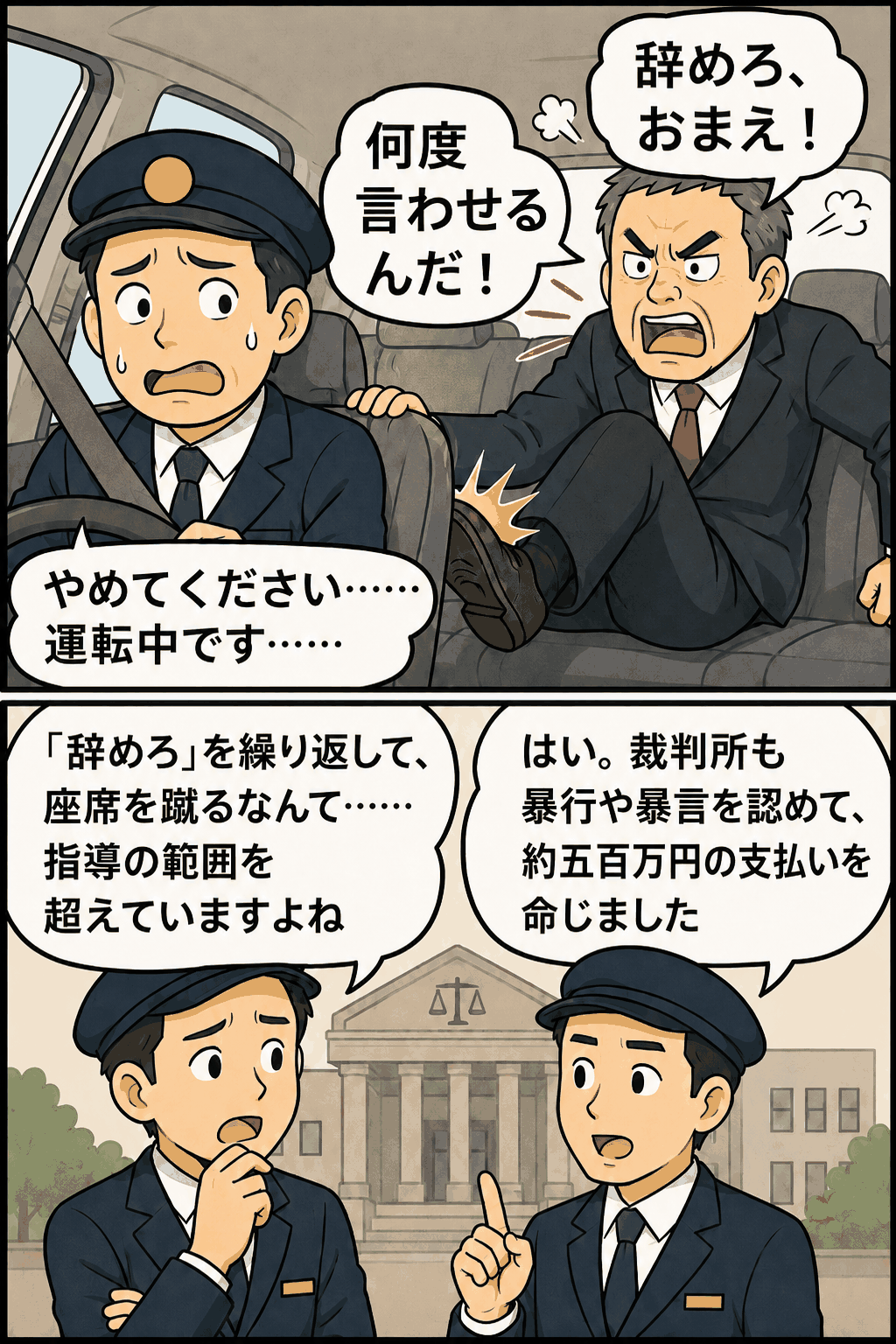 タクシー会社の元社長が勤務中の乗務員に「辞めろ」と暴言を繰り返し、座席を蹴るなどしたパワハラ行為について、裁判所が賠償を命じた事例