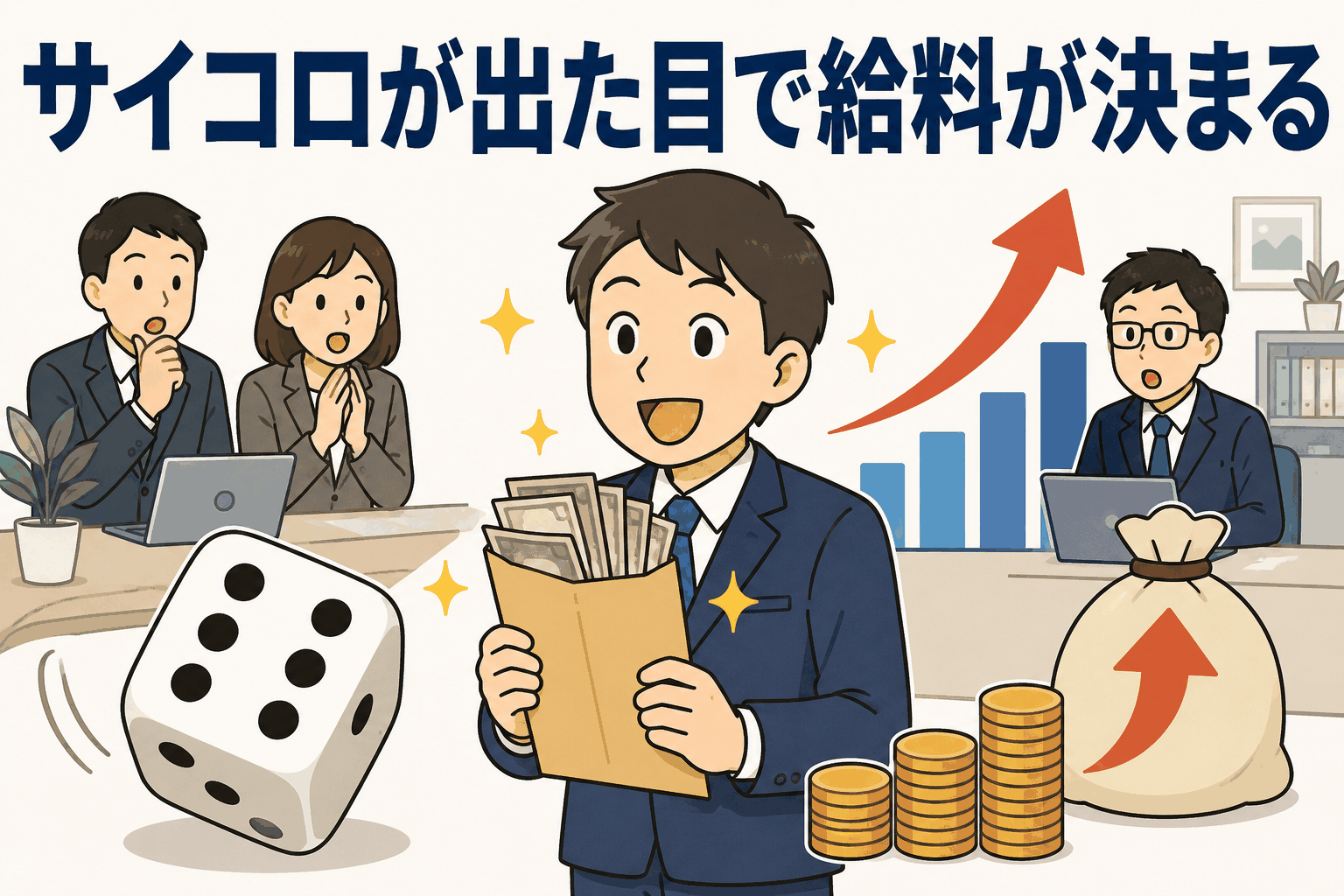 サイコロの出た目で給料の追加支給額が決まるユニークな給与制度を表したイラスト