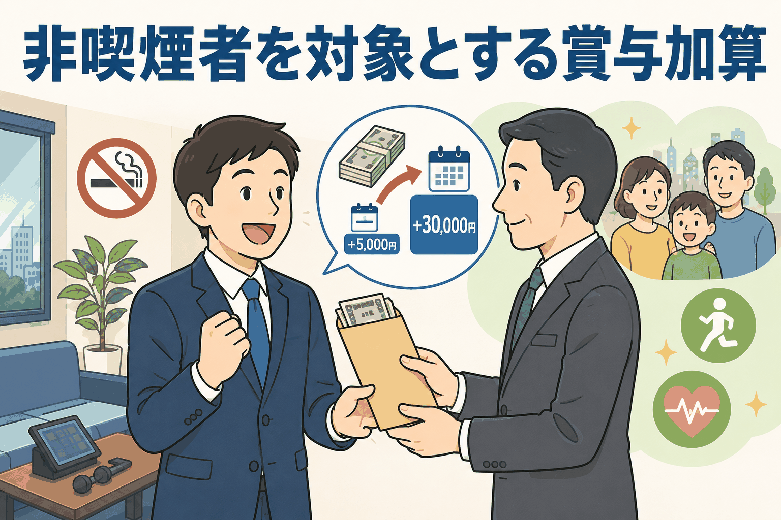 非喫煙者を対象に賞与を月5,000円、半期で3万円加算する健康経営制度を説明するイラスト