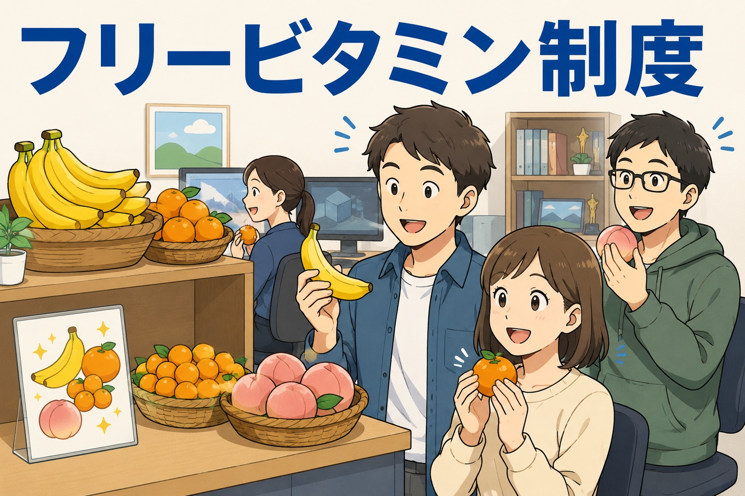 CG制作会社の福利厚生「フリービタミン制度」として、社員がバナナやオレンジ、桃などの果物を楽しむ様子