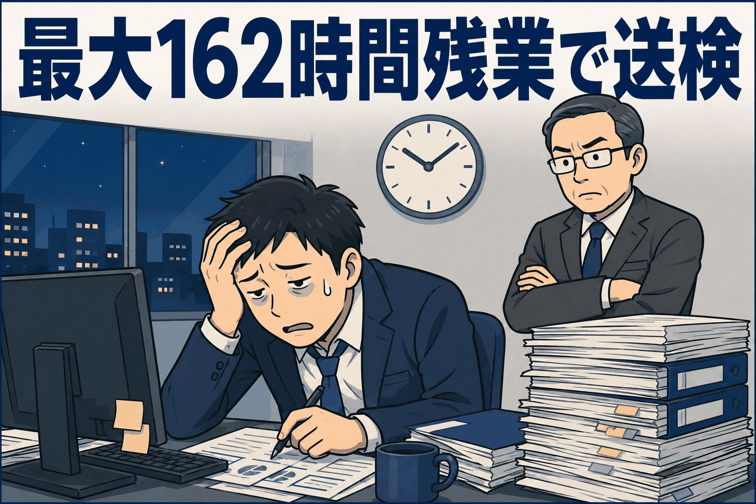 36協定の限度時間を超え最大162時間の残業を行わせた金融機関が労基法違反の疑いで書類送検された事例を示すアイキャッチ画像