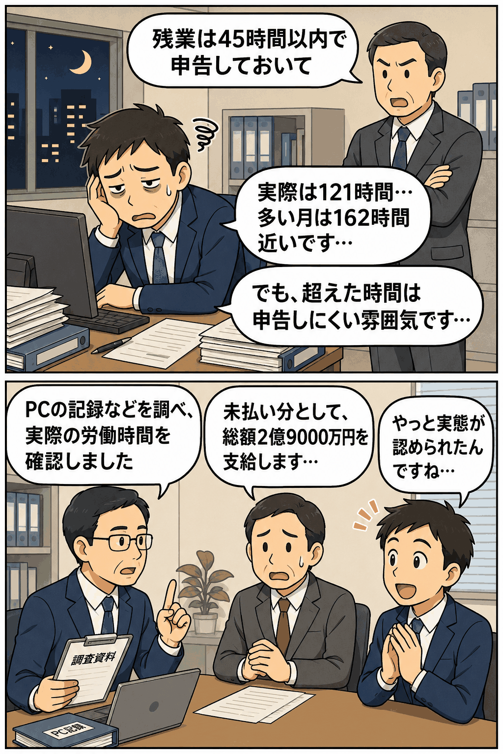 36協定の限度45時間を超えて実際には121時間から最大162時間の残業があり、PC記録調査で未払い残業代2億9000万円が判明した事例を解説する漫画画像
