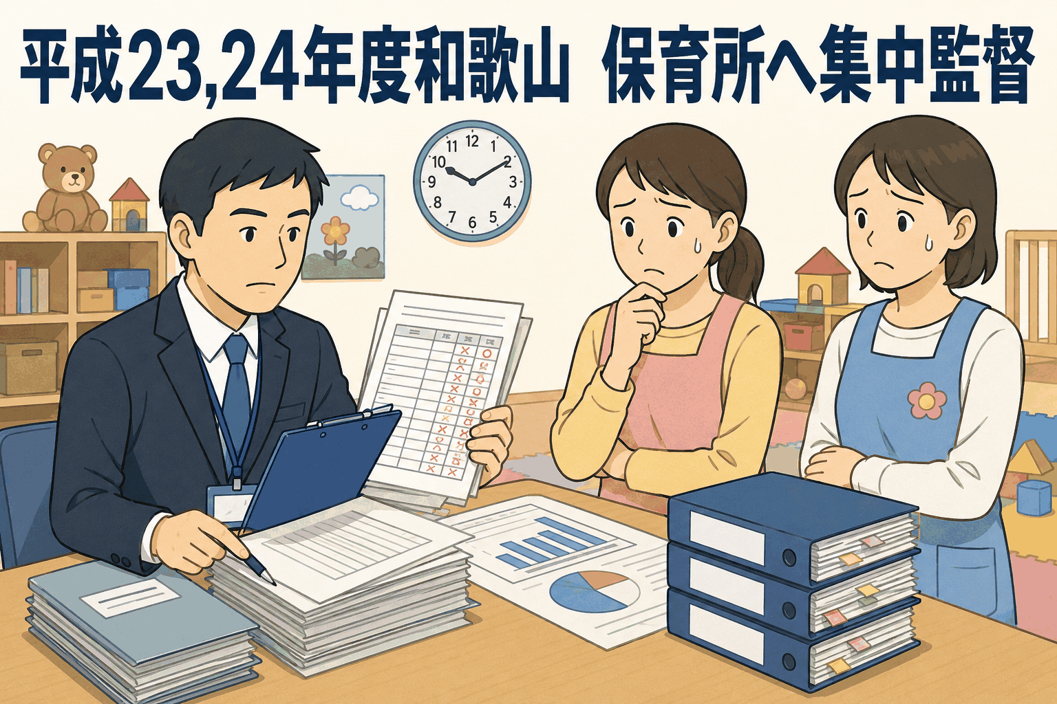 平成23・24年度に和歌山労働局が保育所など児童福祉施設へ集中監督を行い、労働時間管理や賃金不払い残業の違反を確認したことを示すイラスト