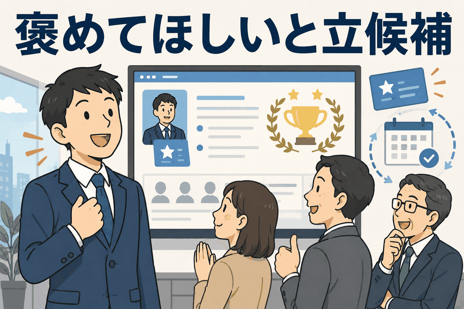 社員が自分の成果を「褒めてほしい」と立候補し、イントラネットで共有される社内評価制度「青い鳥カード」のイメージ