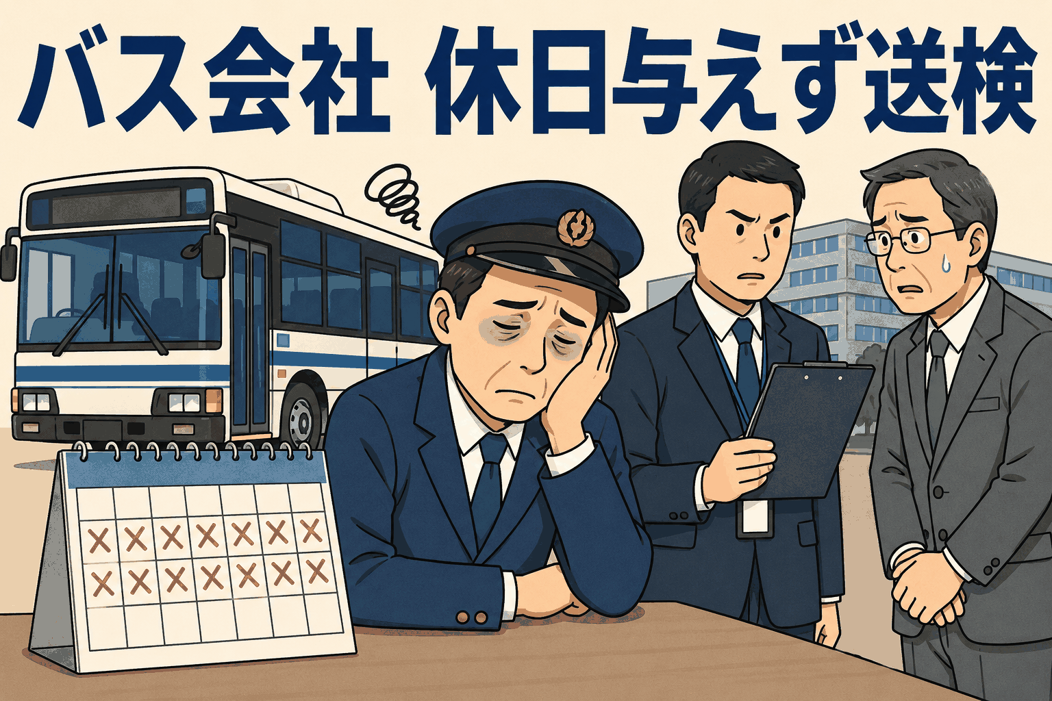 バス会社が運転者に長期間休日を与えず、労働基準監督署に書類送検された過重労働問題を表すイラスト