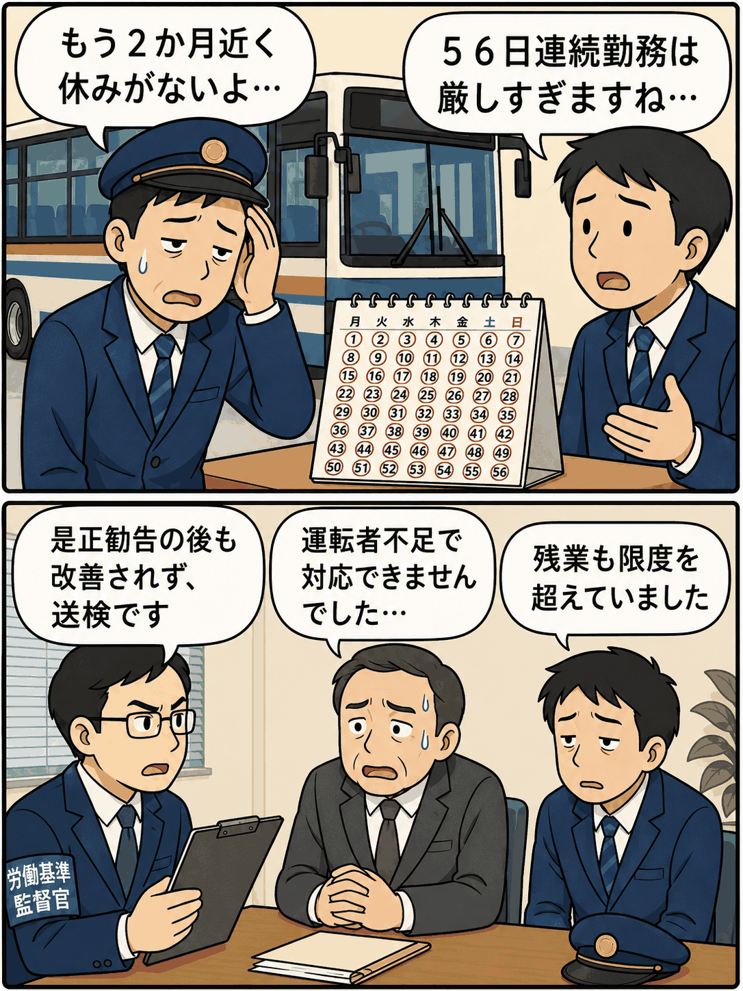 バス運転者が56日間連続勤務し、労働基準監督官が休日なし勤務や長時間労働について是正勧告後の書類送検を説明する漫画イラスト