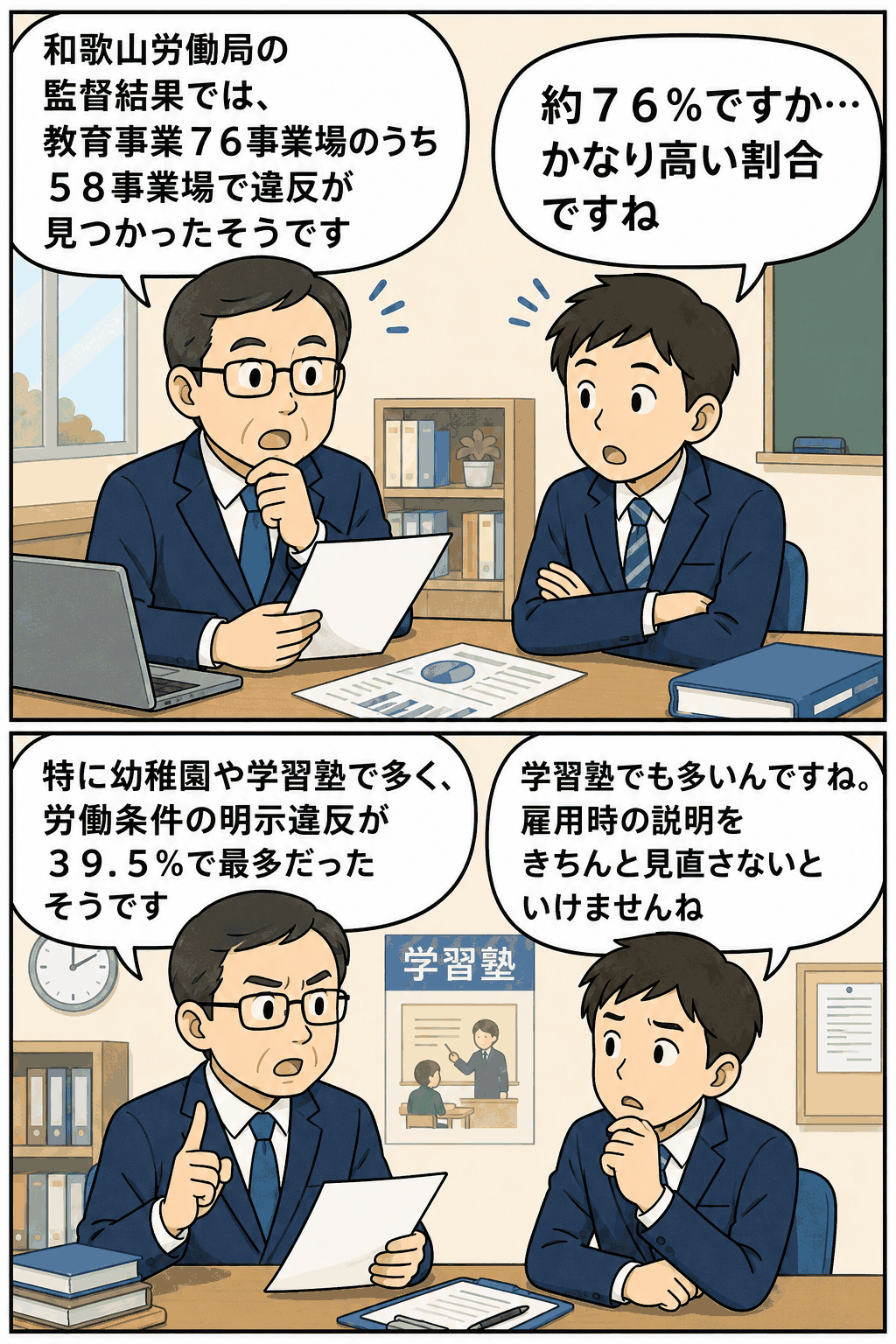 和歌山労働局の監督結果で、教育事業76事業場のうち58事業場に法令違反が見つかり、労働条件明示違反が最多だったことを説明する漫画