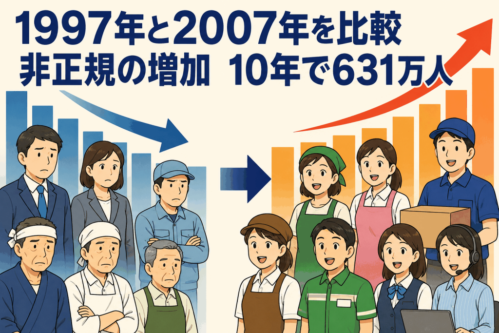 1997年と2007年を比較 非正規の増加 10年で631万人