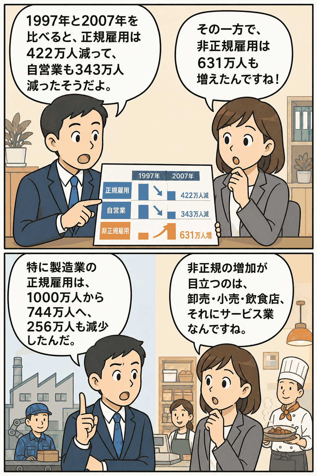 1997年と2007年の雇用状況を漫画で解説し、正規雇用422万人減、自営業343万人減、非正規雇用631万人増を示す労働市場分析イラスト