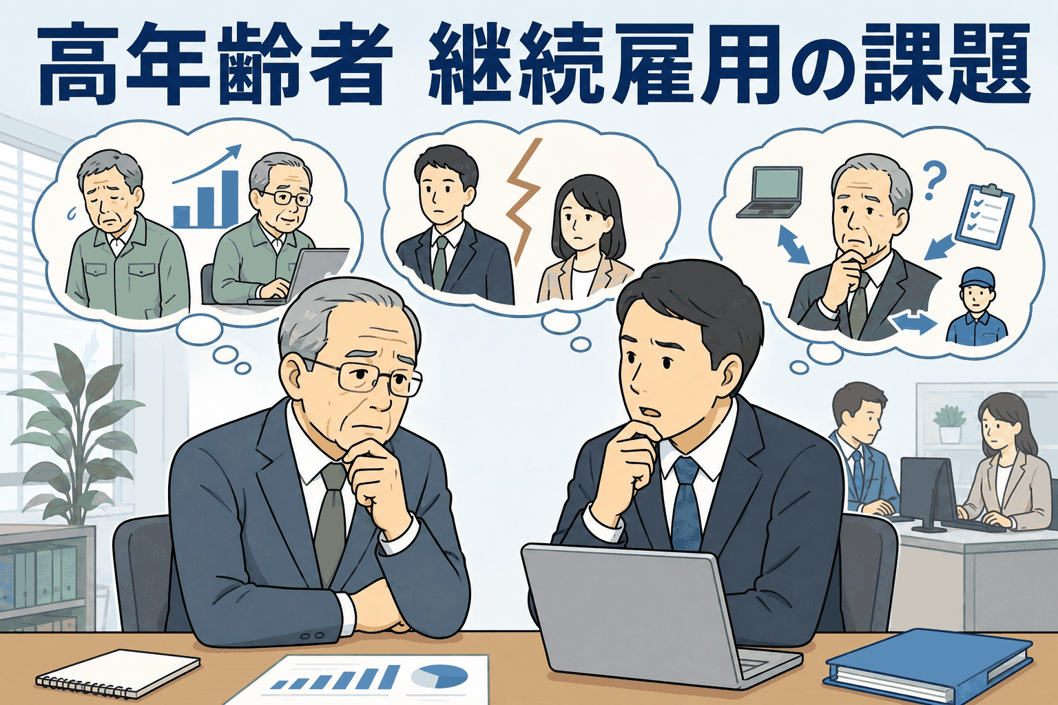 高年齢者の継続雇用における課題を話し合う企業担当者と、体力差・若年者採用・処遇決定に悩む様子を描いたイラスト