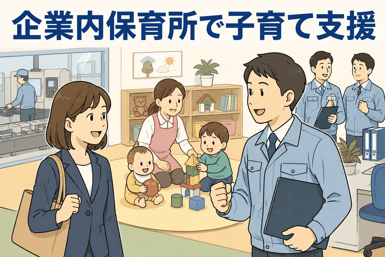 樋受け金具等の製造販売会社が従業員向けに設けた企業内保育所で、子育てと仕事の両立を支援する様子