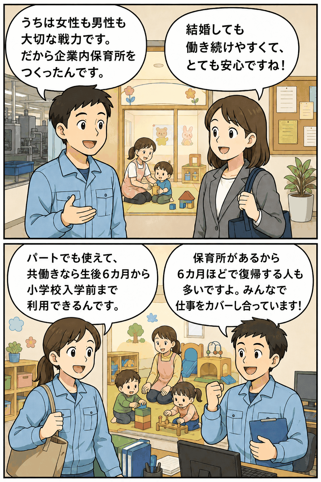 樋受け金具等の製造販売会社が設置した企業内保育所について、正社員・パートを問わず利用できる子育て支援制度を漫画で紹介