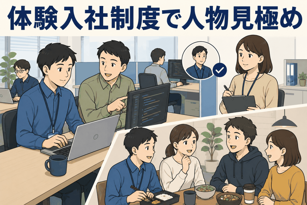 体験入社制度で候補者がソフトウエア会社の職場やランチを通じて社員と交流し、人物面を見極める様子