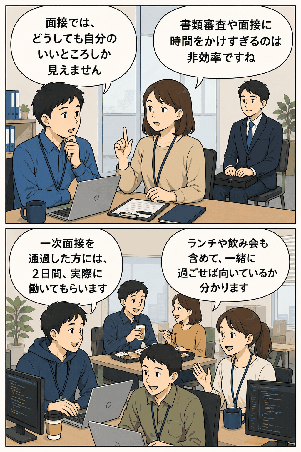 ソフトウエア会社の採用面接で、書類審査や面接だけでなく2日間の体験入社を通じて候補者の職場適性を見極める様子