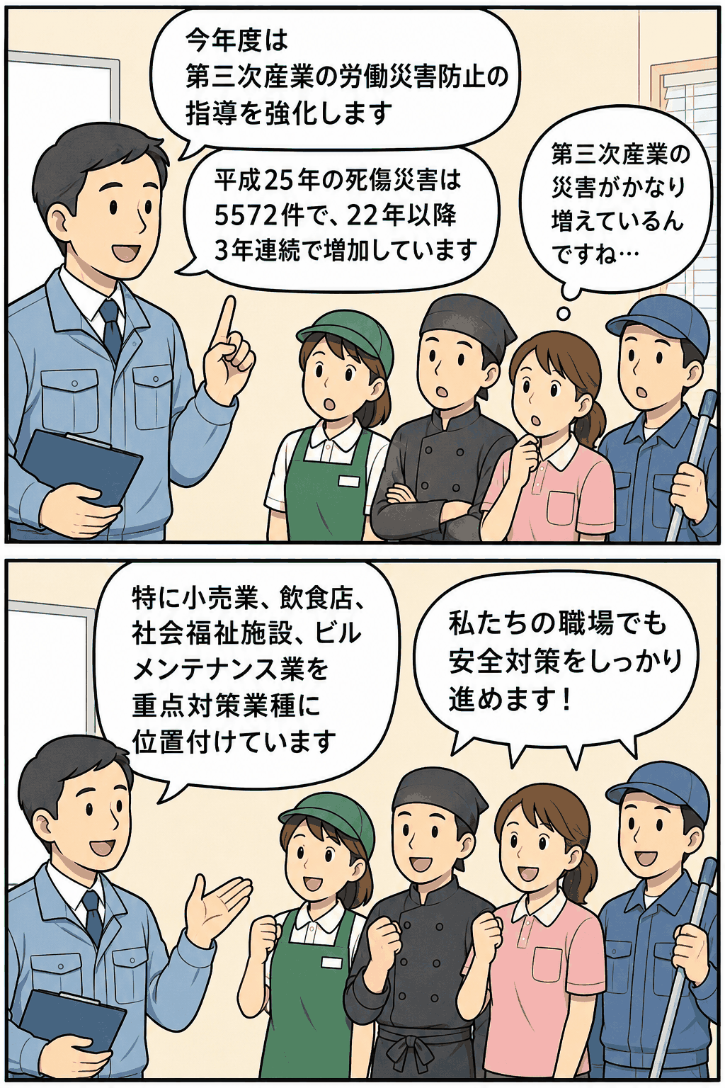 東京労働局が第三次産業の労働災害防止指導強化について説明し、小売業・飲食店・社会福祉施設・ビルメンテナンス業の従業員が安全対策に取り組む漫画イラスト
