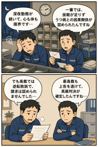 深夜勤務とうつ病の因果関係をめぐる郵便局員2人の損害賠償請求訴訟で、東京高裁の逆転敗訴判決が最高裁で確定したことを解説する漫画画像