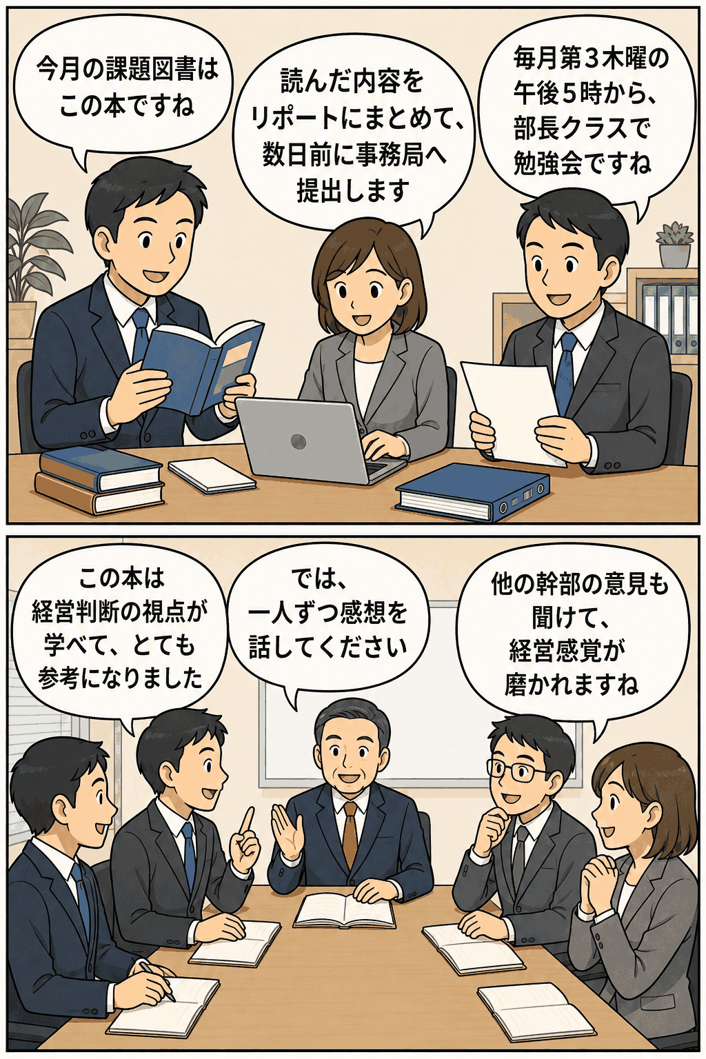 金融機関の部長クラス幹部が課題図書を読み、リポート提出後に読書勉強会で感想や意見を共有する様子