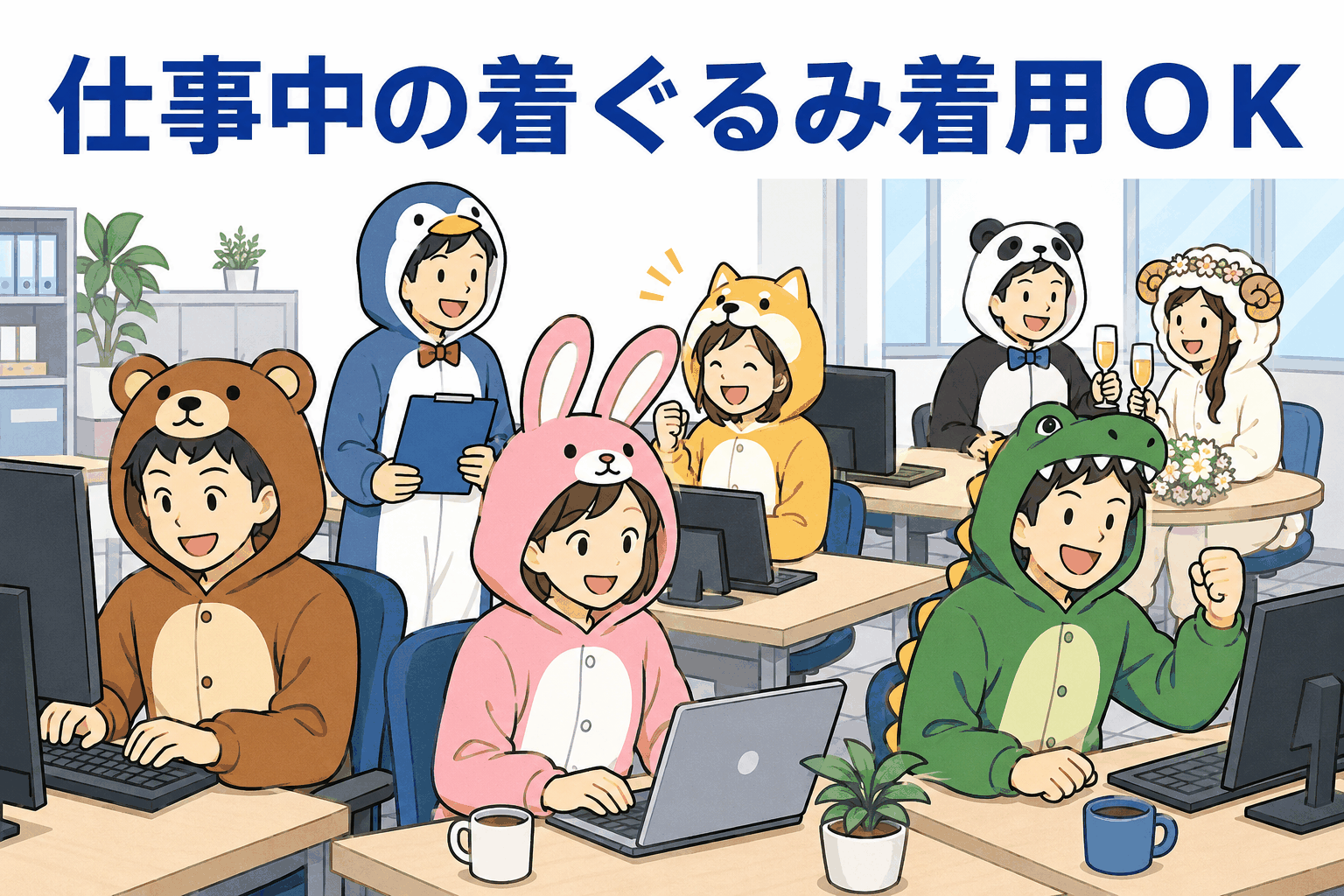 仕事中の着ぐるみ着用OKの職場で、動物の着ぐるみを着た社員たちがパソコン作業や会話を楽しむオフィス風景