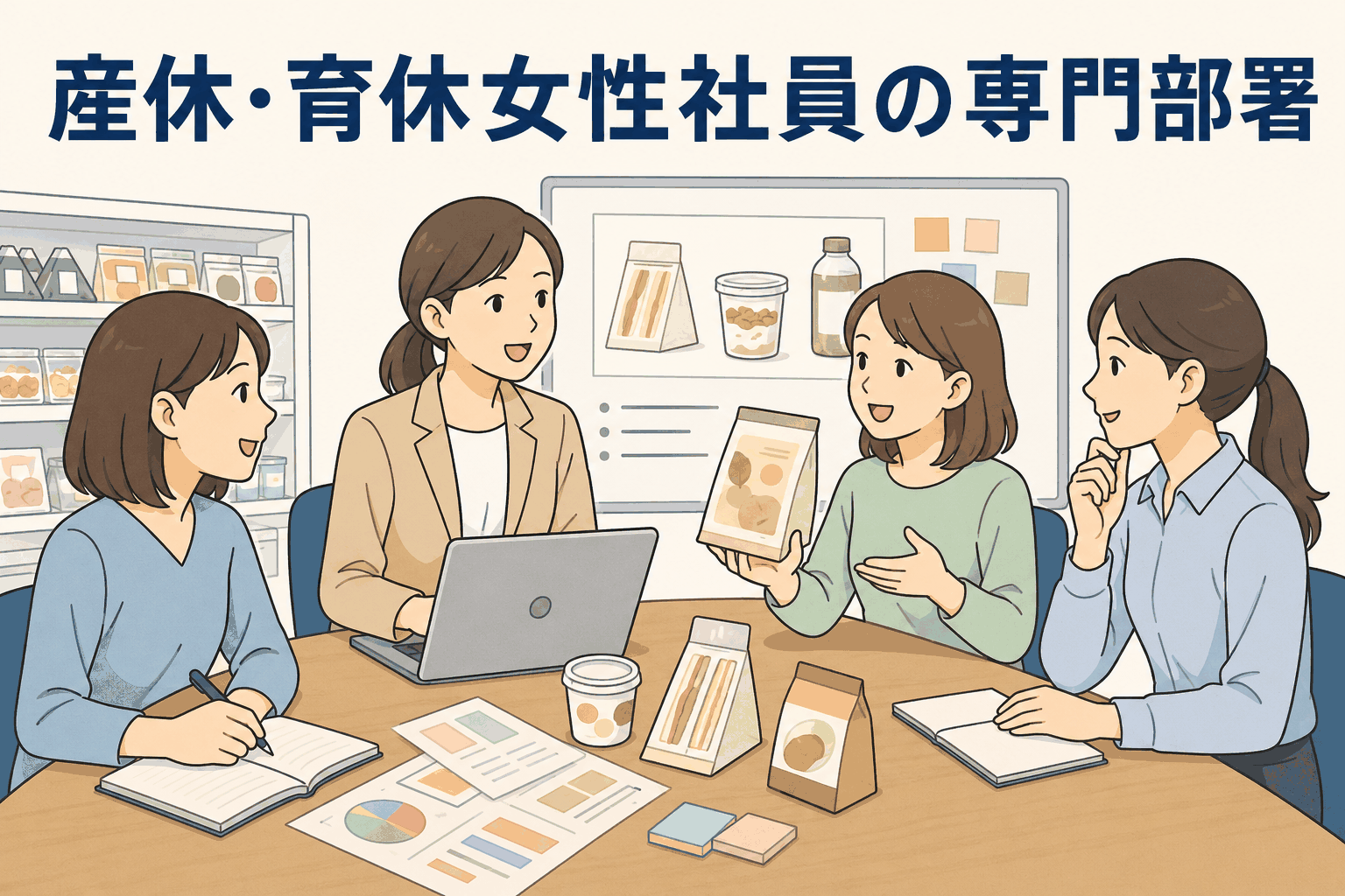 コンビニ大手企業が出産・育児休業から復職する女性社員向けに設置した専門部署で、女性社員が商品開発やサービス改善について話し合うイラスト