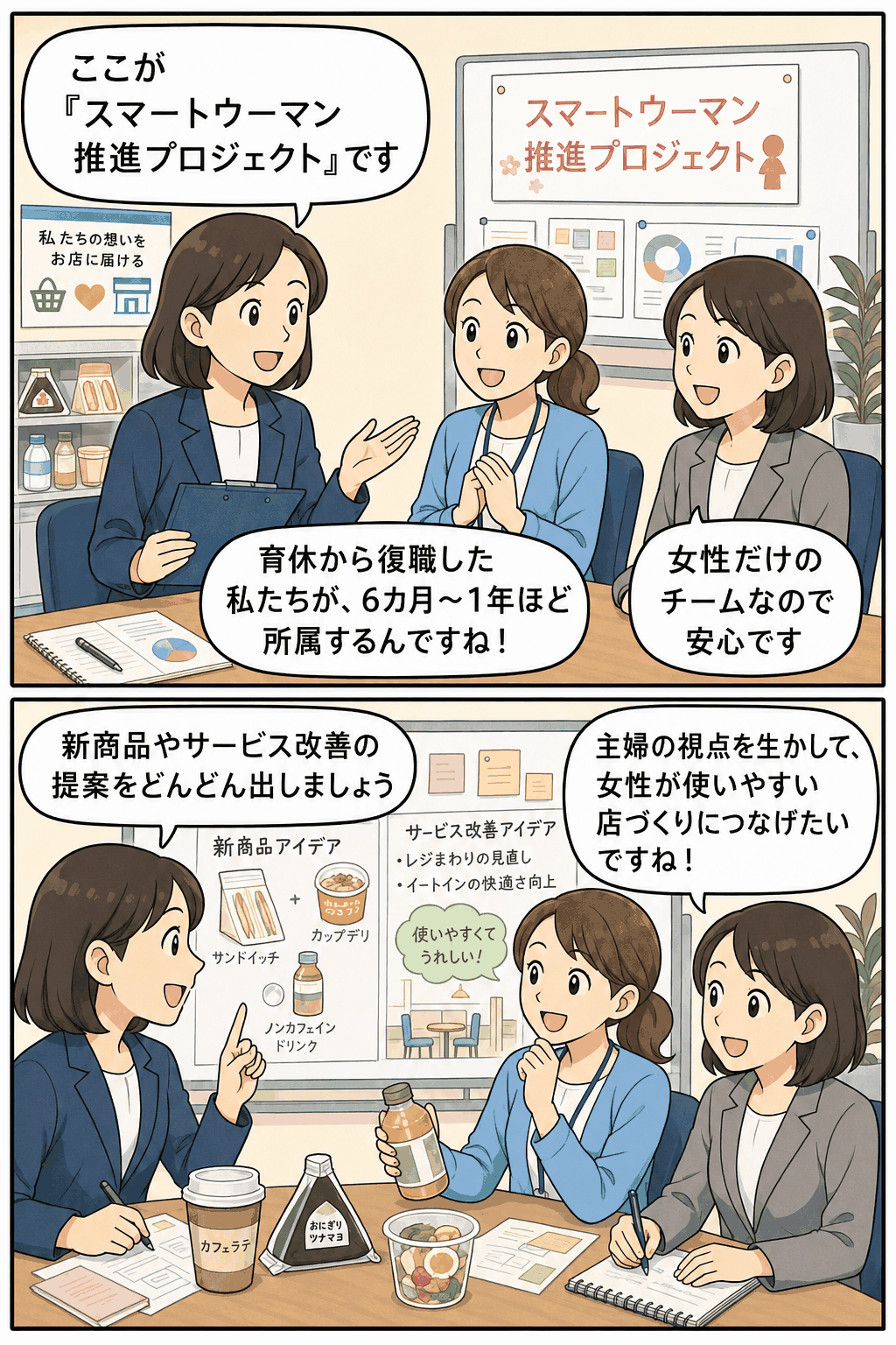 コンビニ大手企業のスマートウーマン推進プロジェクトで、育休から復職した女性社員が商品開発やサービス改善を話し合う漫画イラスト