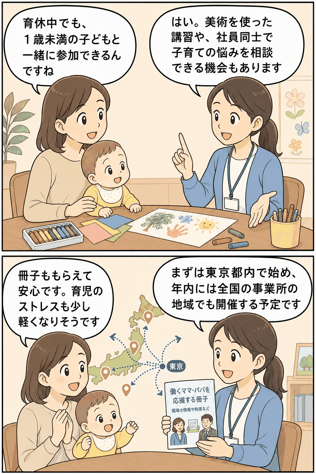 育児休業中の社員が1歳未満の子どもと参加できる美術ワークショップについて、社員同士の子育て相談や冊子配布、東京都内から全国開催へ展開する計画を説明する漫画