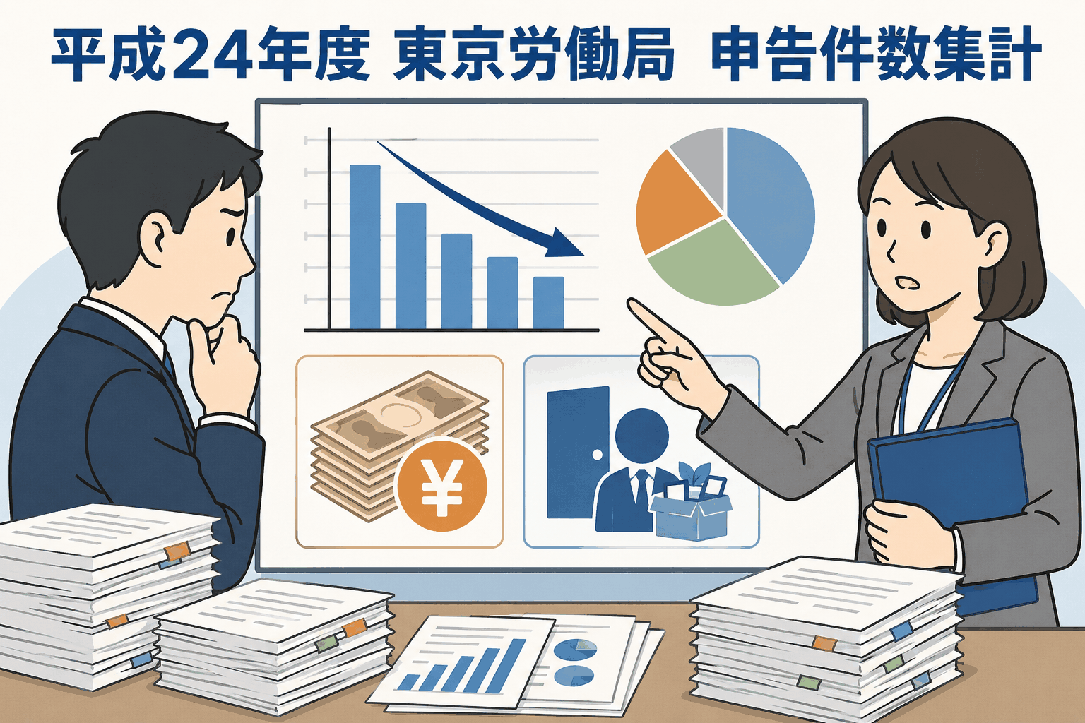 平成24年度の東京労働局における労働者からの申告件数集計を説明するイラスト。賃金不払いや解雇などの労働相談・申告内容をグラフで示している。