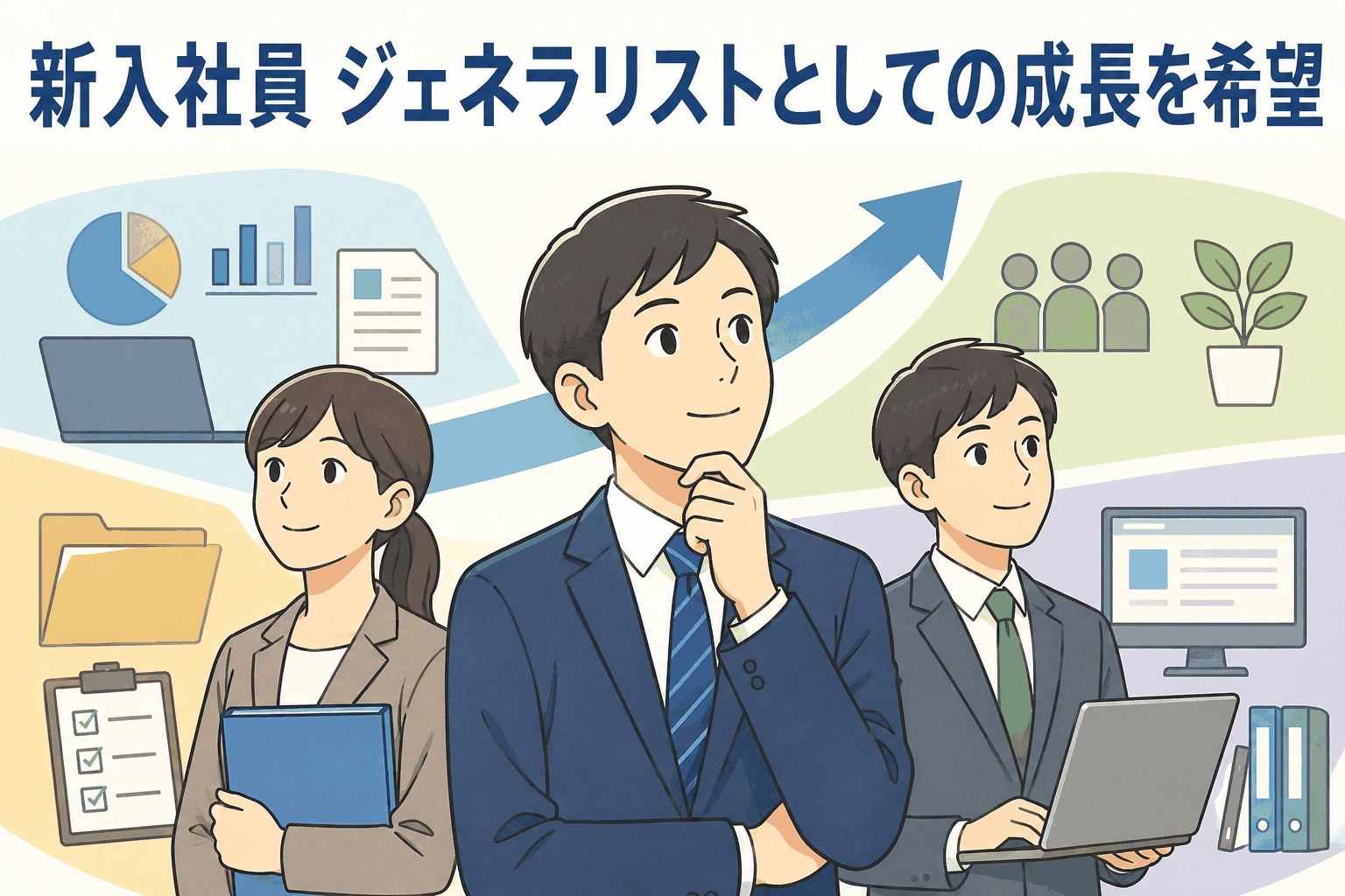 新入社員がジェネラリストとして成長を目指す様子を表したイラスト。職場経験、キャリア形成、転職意識の変化をテーマにしたアイキャッチ画像。