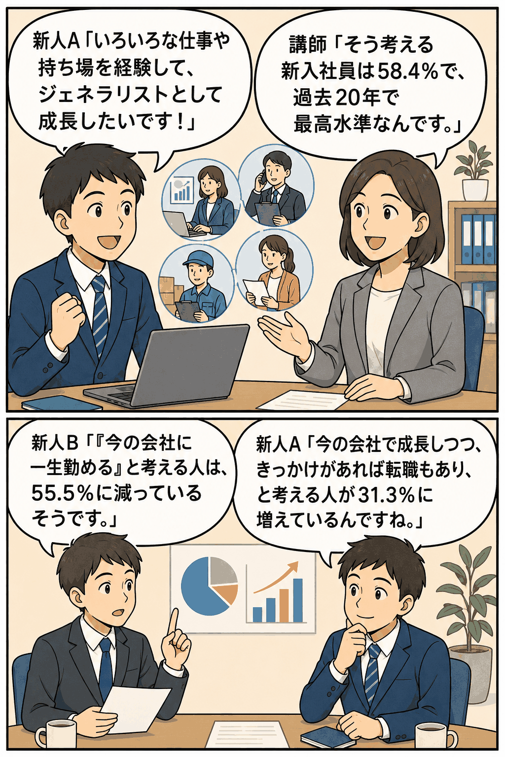 新入社員が多様な仕事や持ち場を経験してジェネラリストとして成長したいと語り、講師が新入社員のキャリア志向や転職意識の調査結果を説明する漫画風イラスト。