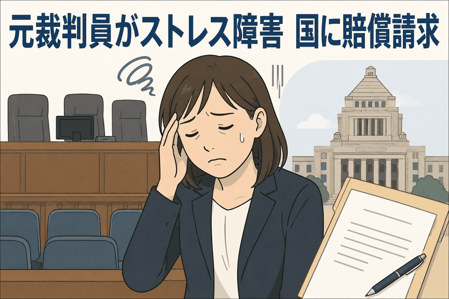 強盗殺人事件の裁判員裁判で死刑判決に関わった女性が急性ストレス障害を発症し、国に損害賠償を求めた問題を表すイラスト