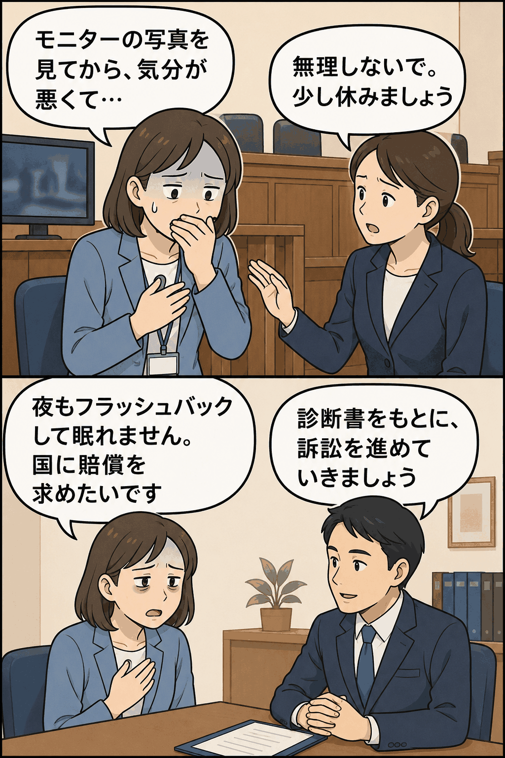 強盗殺人事件の裁判員裁判で証拠写真を見て体調不良となった女性が、急性ストレス障害の症状を訴え国への賠償請求を相談する漫画