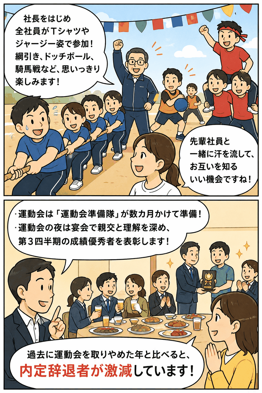 住宅リフォーム会社の内定式で、社長や社員、内定者が運動会や宴会を通じて交流し、相互理解を深めることで内定辞退者の激減につなげている漫画風アイキャッチ画像