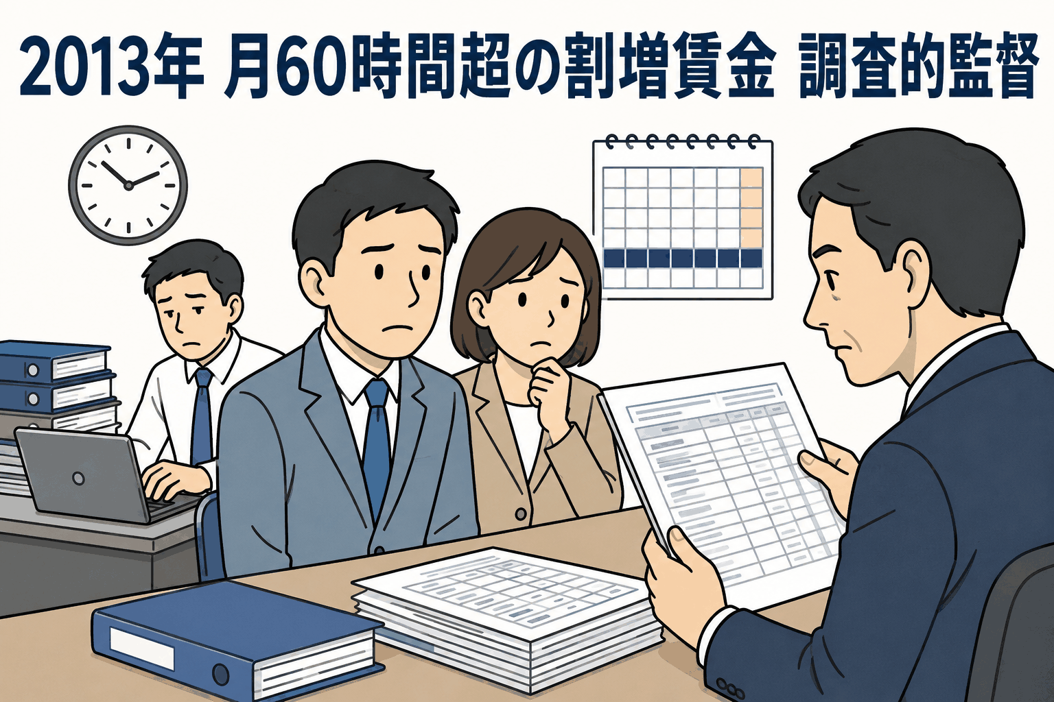 2013年、中小企業への月60時間超の時間外労働に対する割増賃金率50％以上の適用拡大を検討するため、厚生労働省が調査的監督を行う様子
