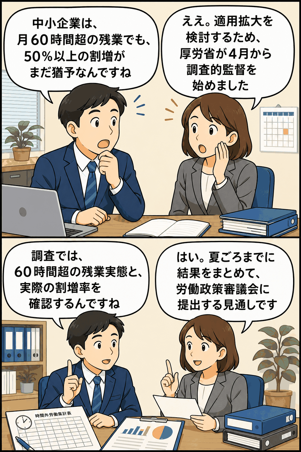 中小企業における月60時間超の残業に対する割増賃金率50%以上の適用拡大を検討するため、厚生労働省が調査的監督を開始したことを解説する漫画